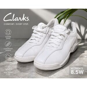 Clarks Womens White Leather Walking Sneakers Comfort Shoes Size 8.5 Wide
